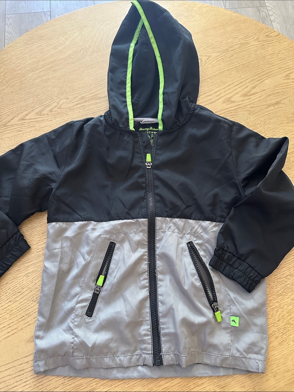 Kids Tommy Bahamas Black & Silver Hooded Windbreaker  with Lime Accents 5/6